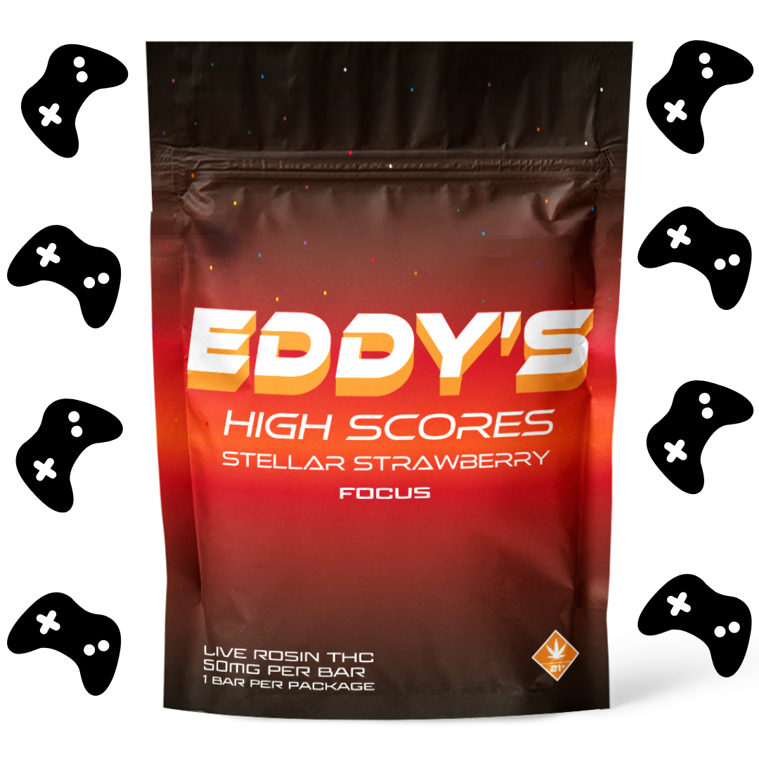 Eddy's High Score Strawberry Live Rosin Bar 50MG THC Bar. – Level Up Your Game